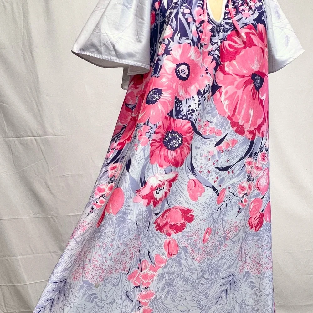 VINTAGE 60s 70s floral house dress‎ nightgown long maxi short flutter sleeve
